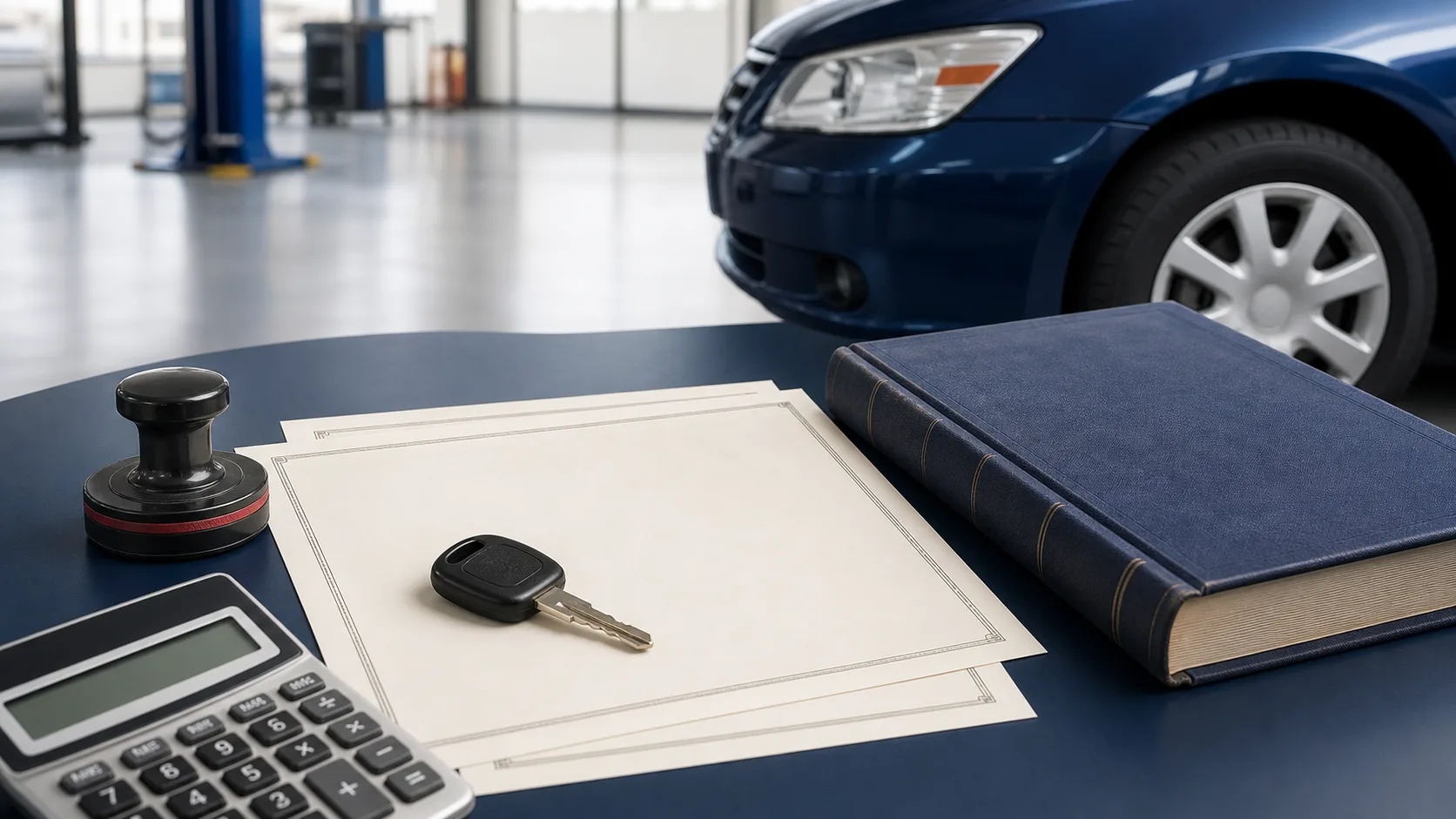 自家用乗用車と自賠責保険証明書、料金台帳を配した編集ビジュアル