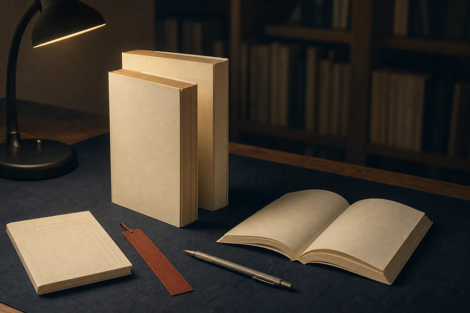 無地の文庫判書籍、しおり、鉛筆、価格台帳を配した新潮文庫1冊の編集ビジュアル