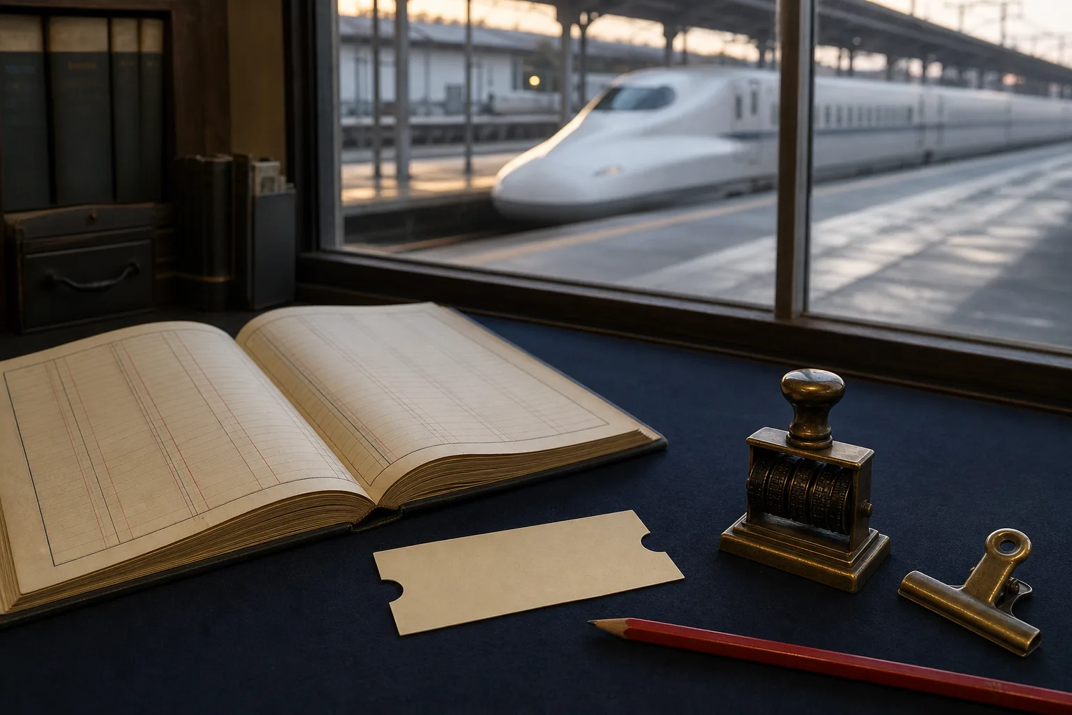 新幹線駅の記録室で、紺色の机に開いた料金台帳、無記名の券片、真鍮の日付印、クリップ、赤鉛筆を配し、窓外に無地の高速鉄道車両が見える編集写真